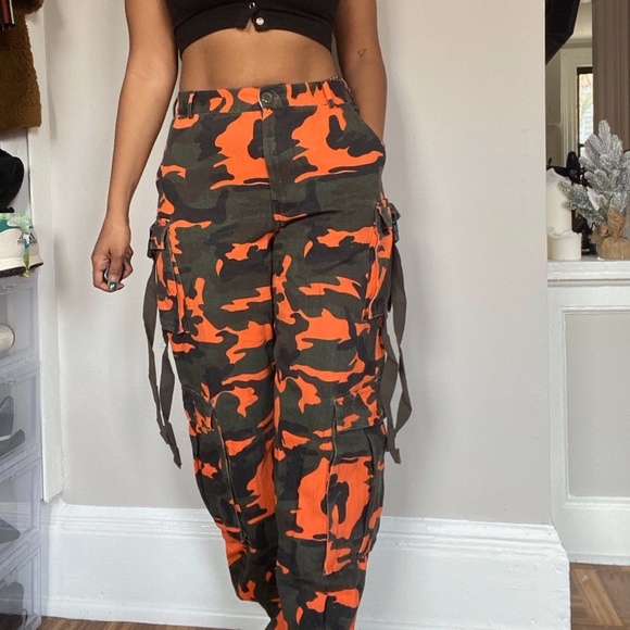 Fashion Nova Pants - Fashion Nova Orange Camo cargo Pants